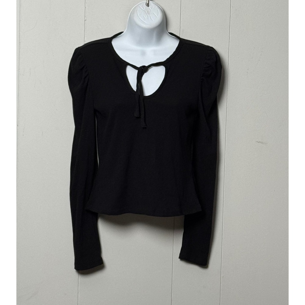 1.STATE Black Ribbed Keyhole Tie Puff Sleeve Long Sleeve Top Size Small